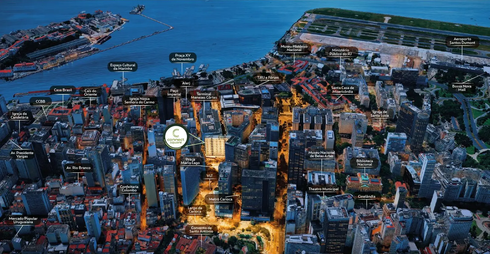 Mapa aéreo do Centro do Rio com o Connect Square em destaque
