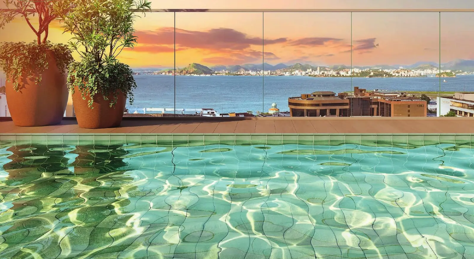 Piscina com vista no rooftop do Connect Square — ilustração artística