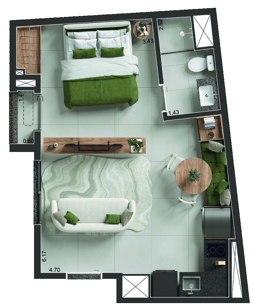 Planta do studio final 01, 34,94 m² — ilustração artística